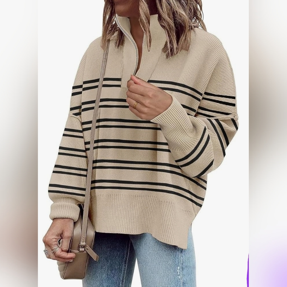 Womens Sweaters Casual Zipper Neck Knit Tops Batwing Sleeve Oversized Sweatshirt